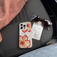 KASED Coconut Bloom iPhone case – pink hibiscus print, close-up detail