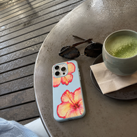 KASED Sky Bloom iPhone case – sky-blue hibiscus design, detail view