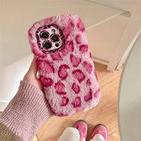 KASED Fuzzy Flirt iPhone case – pink furry leopard plush, back view