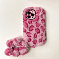 KASED Fuzzy Flirt iPhone case – pink furry leopard plush, detail view