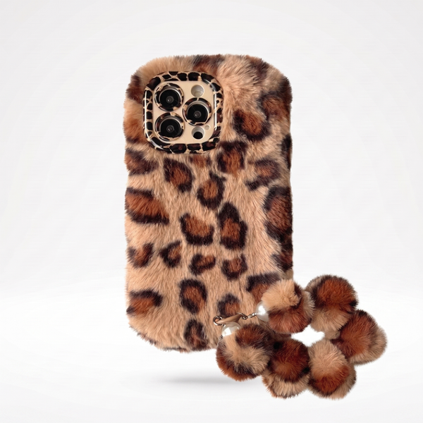 KASED Golden Jungle phone case – furry leopard plush design with wrist chain for iPhone, glam aesthetic