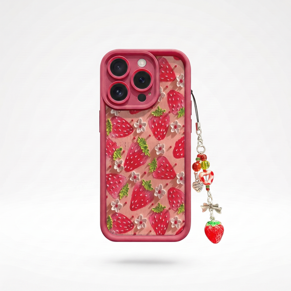 KASED Berry Sweet phone case – strawberry floral design with pendant chain for iPhone, sweet aesthetic
