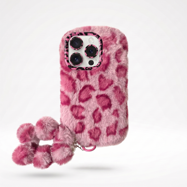 KASED Fuzzy Flirt phone case – pink furry leopard plush design with wrist chain for iPhone, playful aesthetic