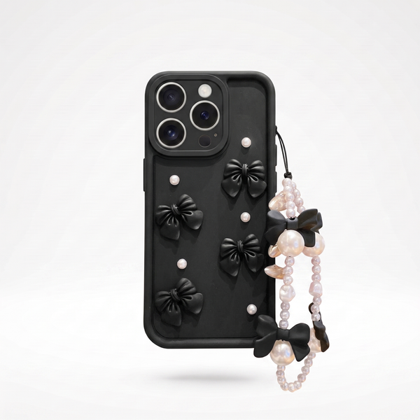 KASED Onyx Bow phone case – black 3D pearl bow design for iPhone, elegant aesthetic